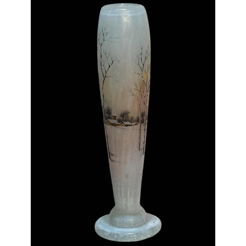 Daum, gegraveerde glazen vaas met emaille in art nouveau-stijl, rond 1900