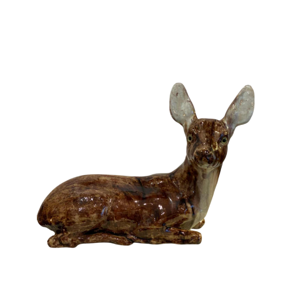 BAVENT, reclining doe with raised head, ceramic sculpture, 20th century