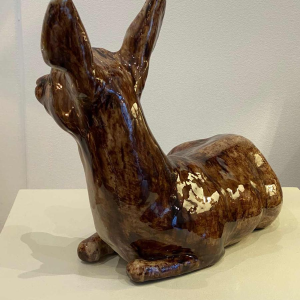 BAVENT, reclining doe with raised head, ceramic sculpture, 20th century