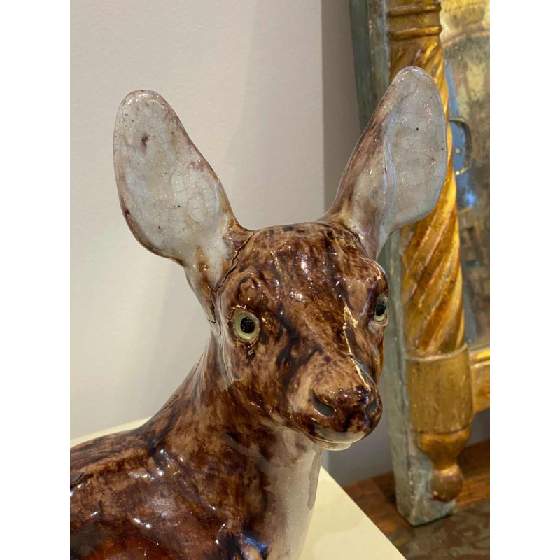 BAVENT, reclining doe with raised head, ceramic sculpture, 20th century