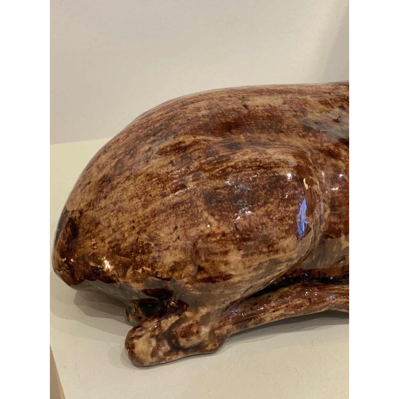 BAVENT, reclining doe with raised head, ceramic sculpture, 20th century