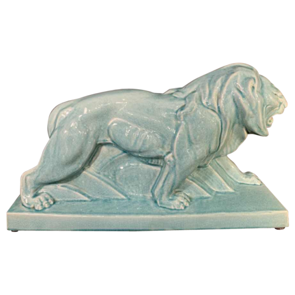 LE JAN " Lion Peugeot " Sculpture Art Déco, Céramique émail craquelé bleu, 1934