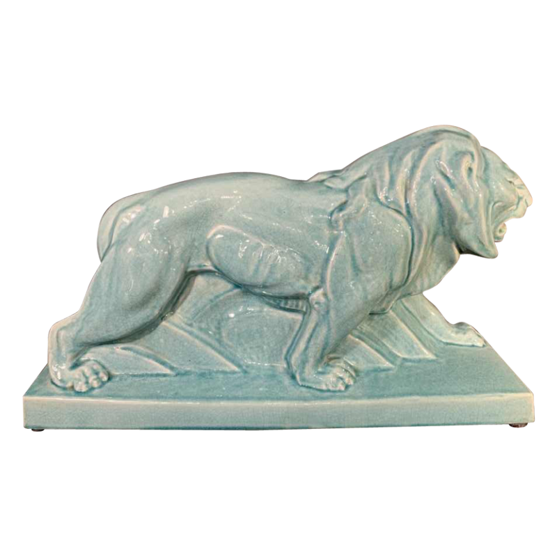 LE JAN " Lion Peugeot " Sculpture Art Déco, Céramique émail craquelé bleu, 1934
