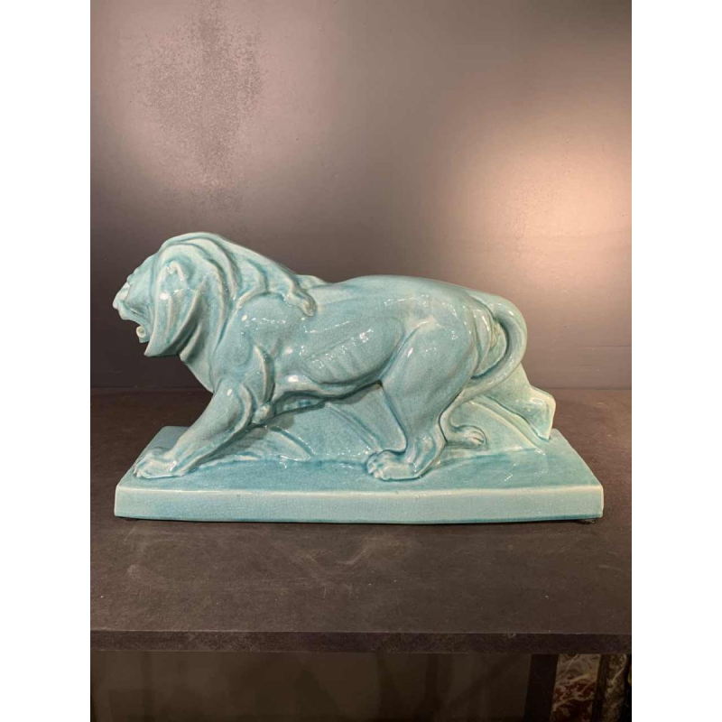 LE JAN " Lion Peugeot " Sculpture Art Déco, Céramique émail craquelé bleu, 1934