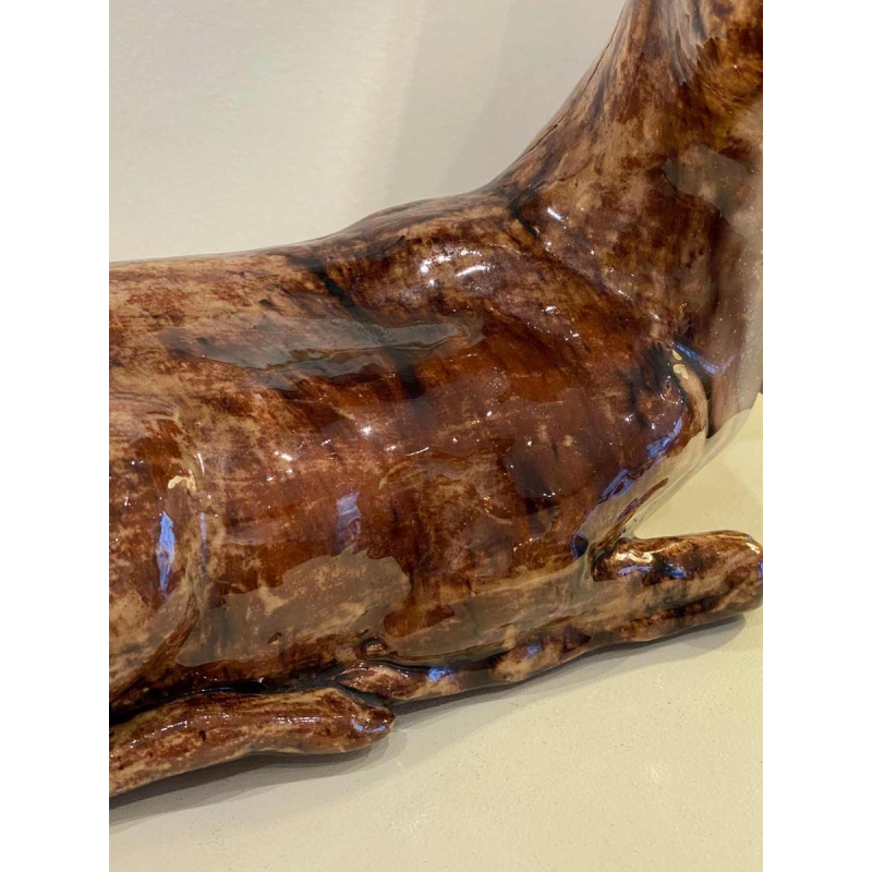 BAVENT, reclining doe with raised head, ceramic sculpture, 20th century