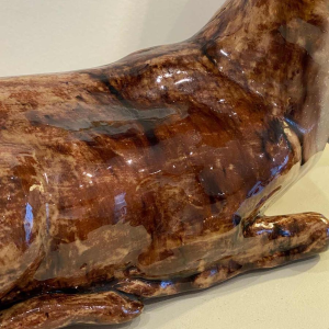 BAVENT, reclining doe with raised head, ceramic sculpture, 20th century