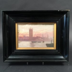 George Hyde Pownall (1866-1939) "La Tamise et Big Ben" Préraphaélite impressionniste