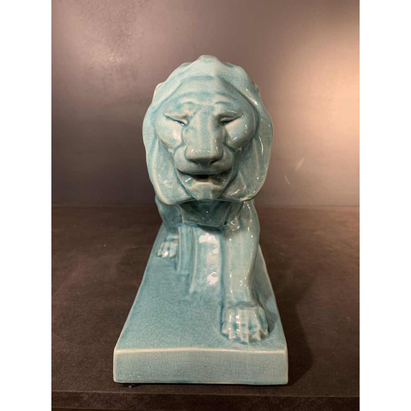 LE JAN "Lion Peugeot" Art Deco Sculpture in Blue Crackle Enamel Ceramic, 1934