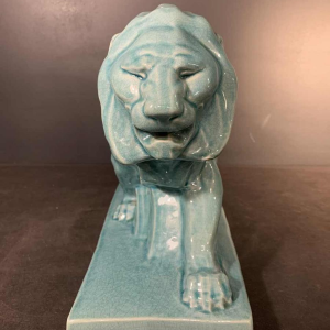 LE JAN "Lion Peugeot" Art Deco Sculpture in Blue Crackle Enamel Ceramic, 1934