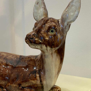BAVENT, reclining doe with raised head, ceramic sculpture, 20th century