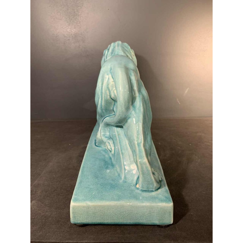 LE JAN "Lion Peugeot" Art Deco Sculpture in Blue Crackle Enamel Ceramic, 1934