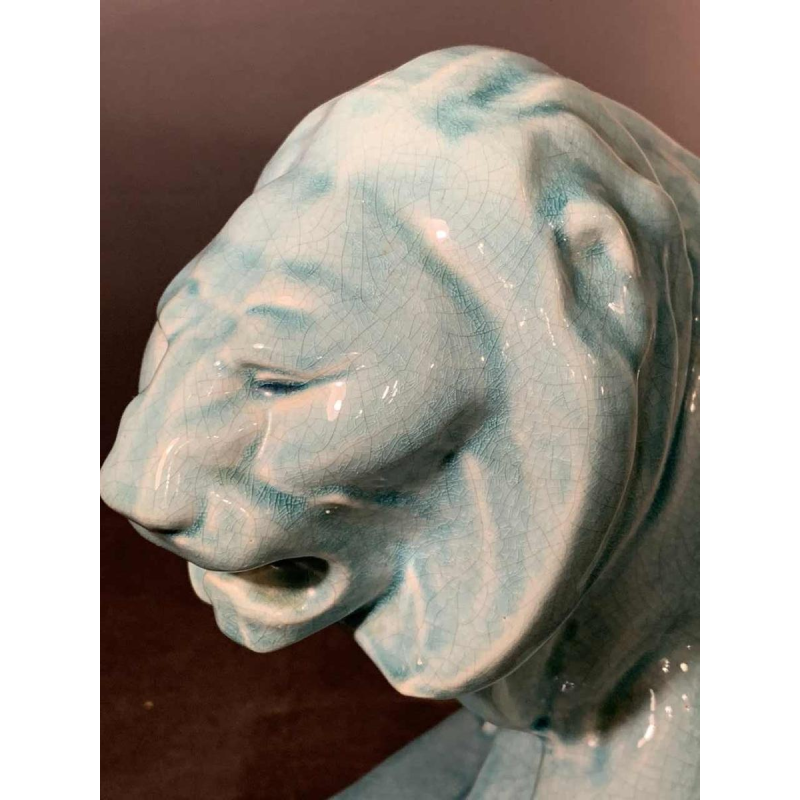 LE JAN "Lion Peugeot" Art Deco Sculpture in Blue Crackle Enamel Ceramic, 1934