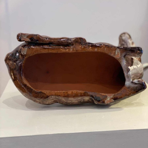 BAVENT, reclining doe with raised head, ceramic sculpture, 20th century