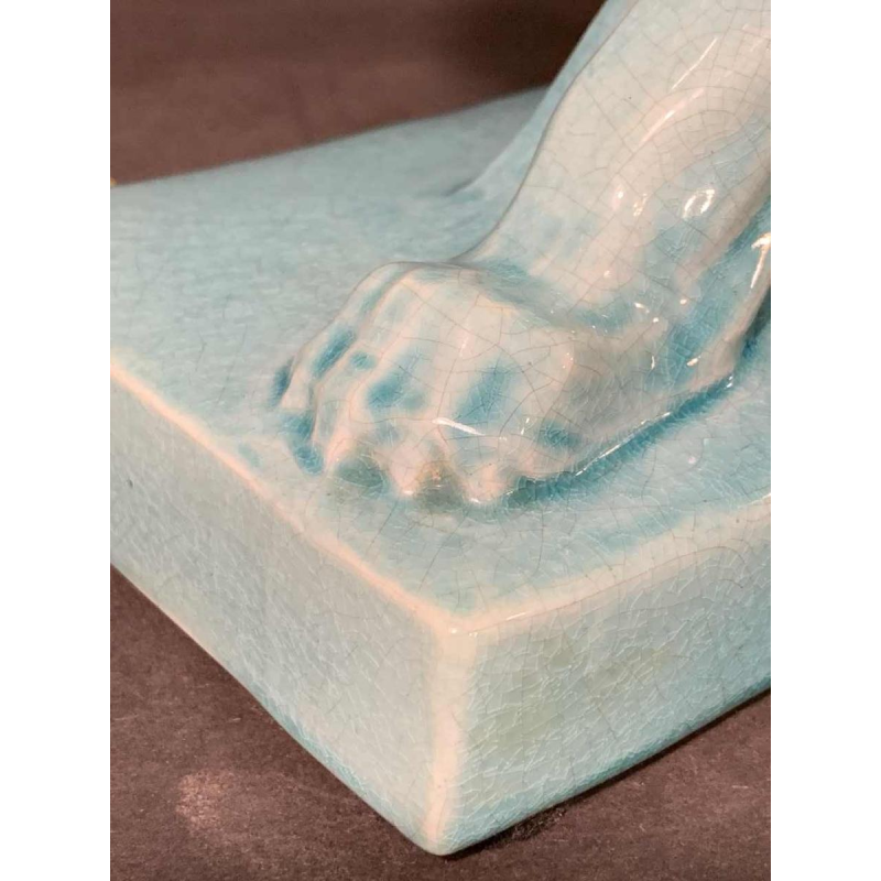 LE JAN "Lion Peugeot" Art Deco sculptuur in blauw craquelé email keramiek, 1934