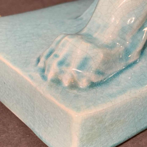 LE JAN "Lion Peugeot" Art Deco Sculpture in Blue Crackle Enamel Ceramic, 1934