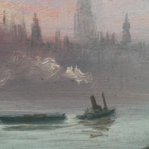 George Hyde Pownall (1866-1939) "La Tamise et Big Ben" Préraphaélite impressionniste