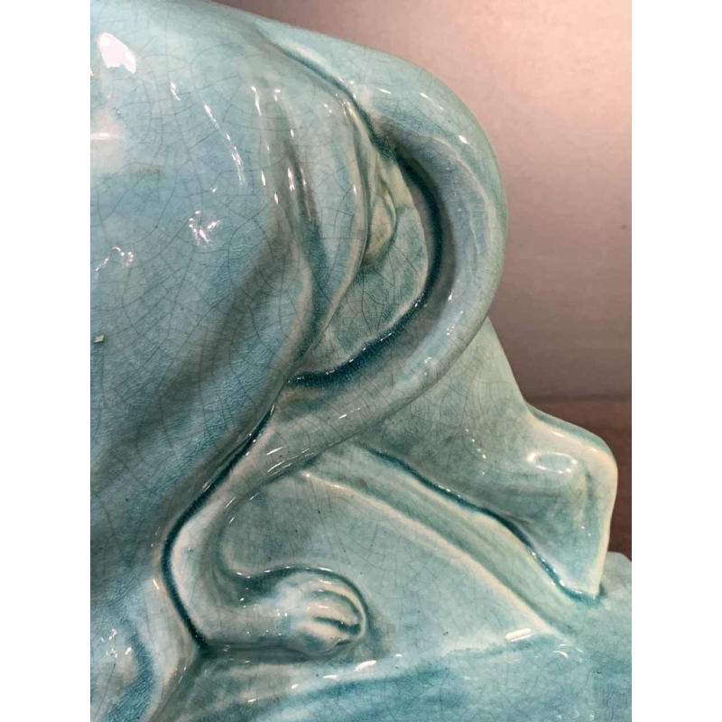 LE JAN " Lion Peugeot " Sculpture Art Déco, Céramique émail craquelé bleu, 1934