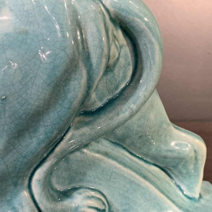 LE JAN "Lion Peugeot" Art Deco Sculpture in Blue Crackle Enamel Ceramic, 1934