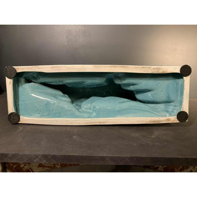 LE JAN " Lion Peugeot " Sculpture Art Déco, Céramique émail craquelé bleu, 1934