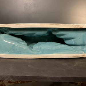 LE JAN " Lion Peugeot " Sculpture Art Déco, Céramique émail craquelé bleu, 1934