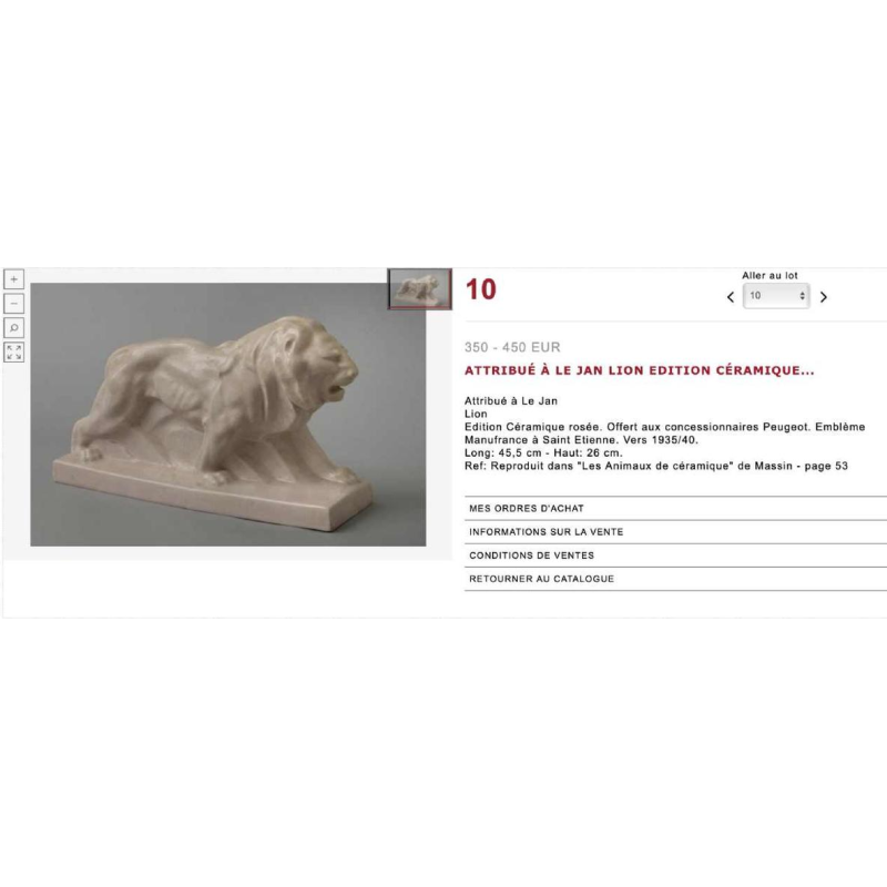 LE JAN " Lion Peugeot " Sculpture Art Déco, Céramique émail craquelé bleu, 1934