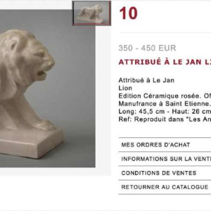 LE JAN "Lion Peugeot" Art Deco sculptuur in blauw craquelé email keramiek, 1934