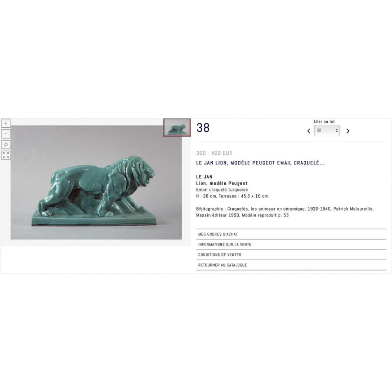 LE JAN "Lion Peugeot" Art Deco Sculpture in Blue Crackle Enamel Ceramic, 1934