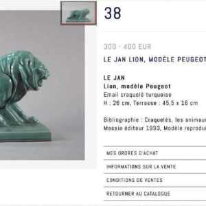 LE JAN "Lion Peugeot" Art Deco sculptuur in blauw craquelé email keramiek, 1934