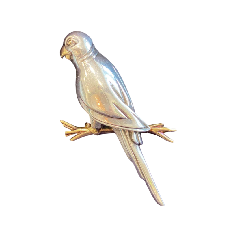 HERMES, vintage broche “Papegaai” zilver & goud, ca. 1960