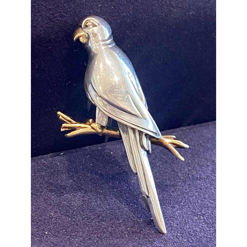 HERMES, broche vintage “Perroquet“ argent & or, ca 1960