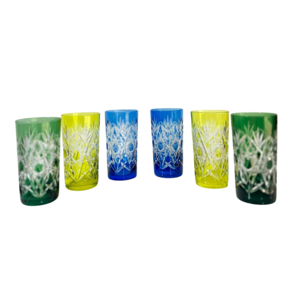 Val Saint-Lambert 6 gekleurde en bewerkte kristallen whiskyglazen