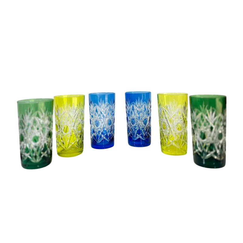 Val Saint-Lambert 6 coloured and worked crystal whisky glasses