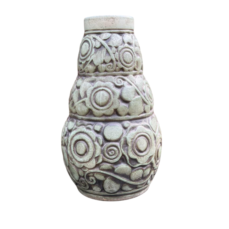 Joseph Mougin & G Ventrillon "Flower Band" grand vase Art Déco trilobé en grès, Nancy ca 1930