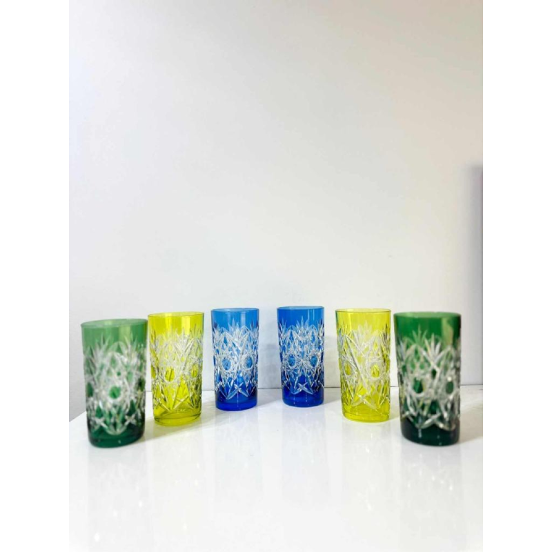 Val Saint-Lambert 6 coloured and worked crystal whisky glasses