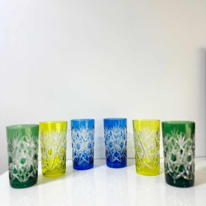 Val Saint-Lambert 6 coloured and worked crystal whisky glasses