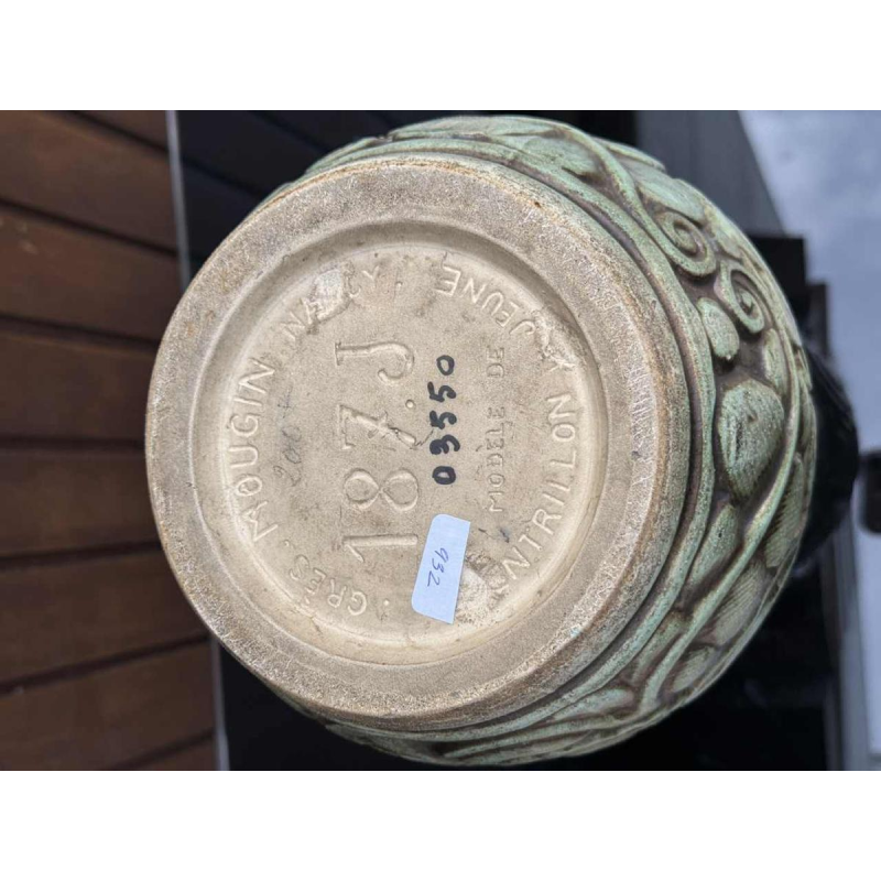 Joseph Mougin & G Ventrillon Flower Band grote Art Deco steengoed vaas met drie lobben, Nancy ca 1930