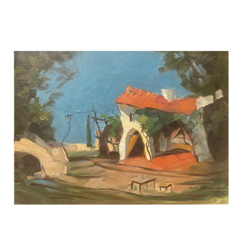Tableau paysage maison signé et daté, peinture huile sur panneau