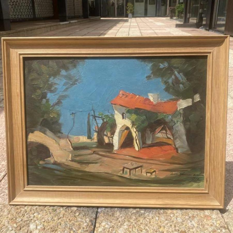 House landscape painting signed and dated, oil on panel