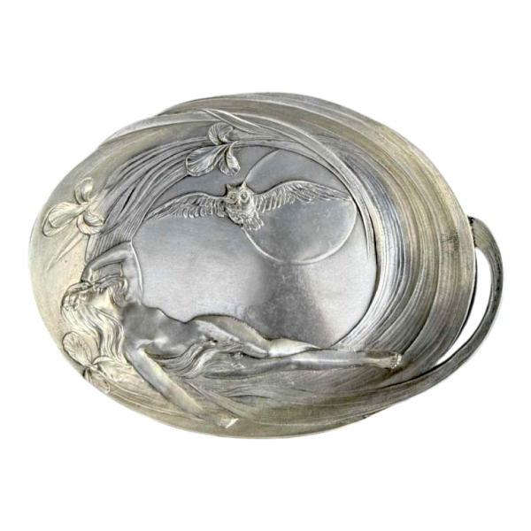 Achille Gamba Femme nue et chouette Art Nouveau pewter plate, ca 1900