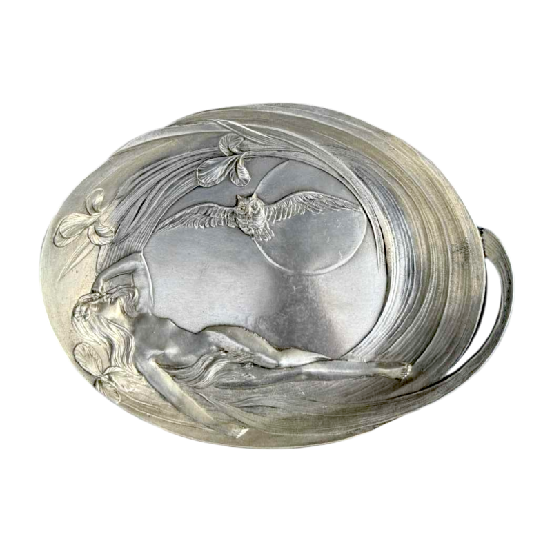 Achille Gamba Femme nue et chouette Art Nouveau pewter plate, ca 1900