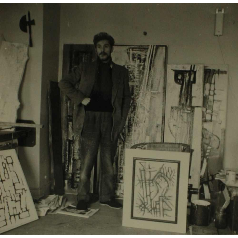 JAN BURSSENS, abstract painting, mixed media on cardboard, mid-20th century