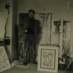 JAN BURSSENS, peinture abstraite, technique mixte sur papier carton, milieu XXe