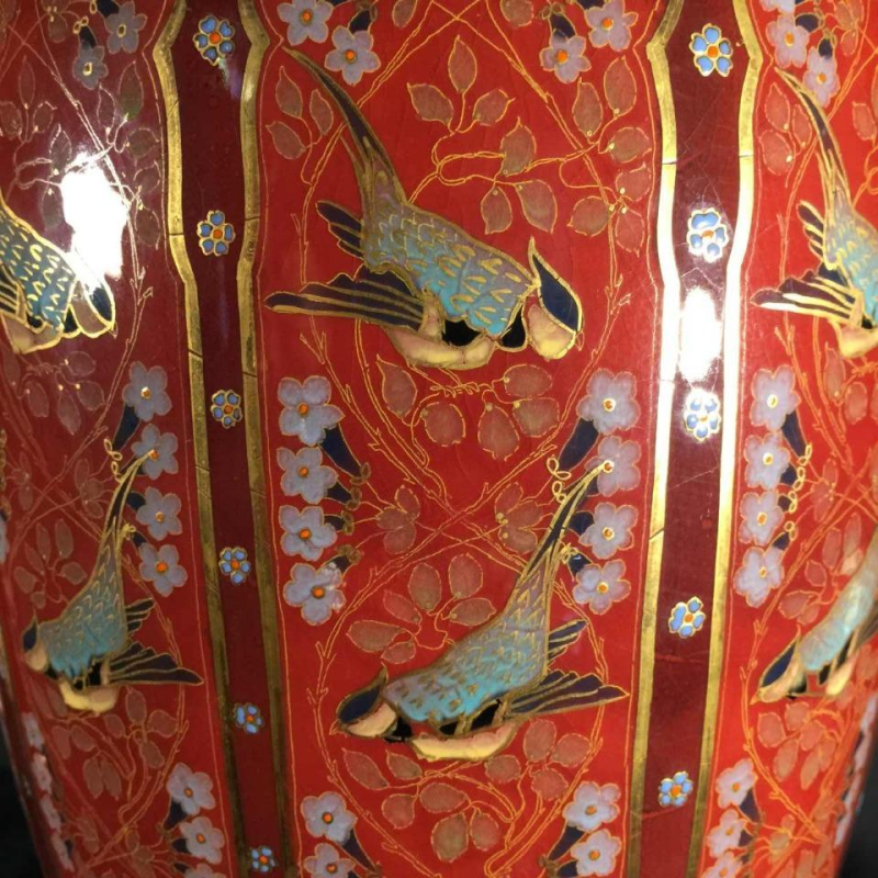 Emil Fischer, vase céramique " mésanges " D253, Herend Pest avant Zsolnay, 1880