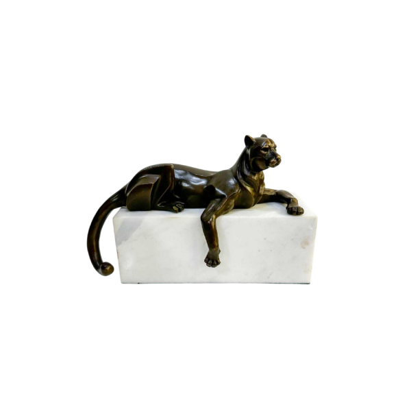 Juno ‘Lying panther’ bronze sculpture in the Art Deco style, white marble base