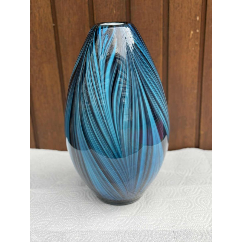 Glass vase, blue peacock feather design, ca 1980
