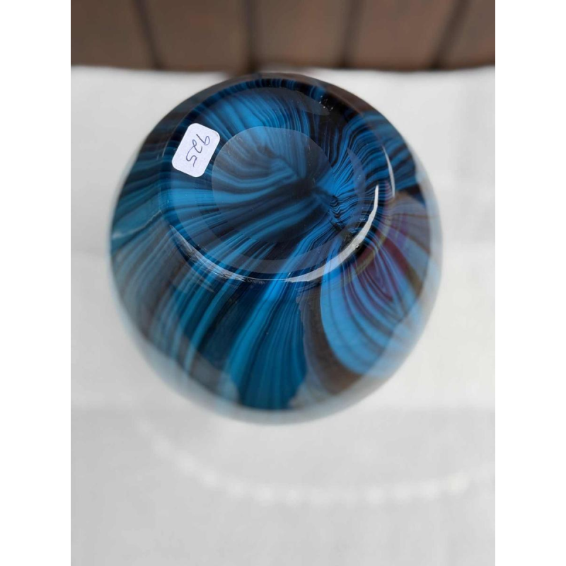 Vase en verre, motif plumes de paon bleu, ca 1980