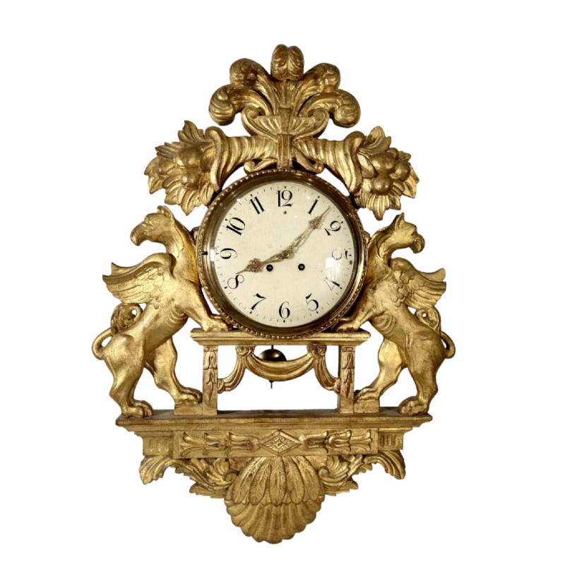 Large giltwood wall clock with winged griffins, Sweden, 19th century