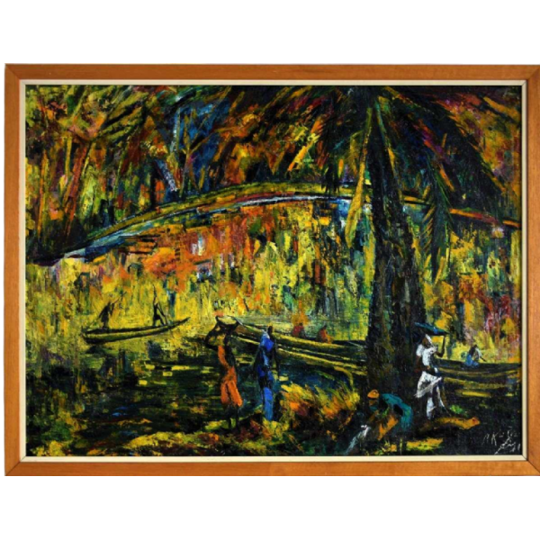 Felelo Nkusu “Paysage d'Afrique animé“ peinture huile sur toile