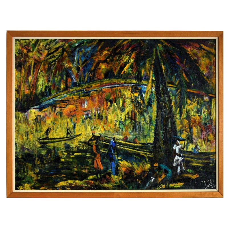 Felelo Nkusu “Paysage d'Afrique animé“ peinture huile sur toile