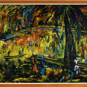 Felelo Nkusu “Paysage d'Afrique animé“ peinture huile sur toile